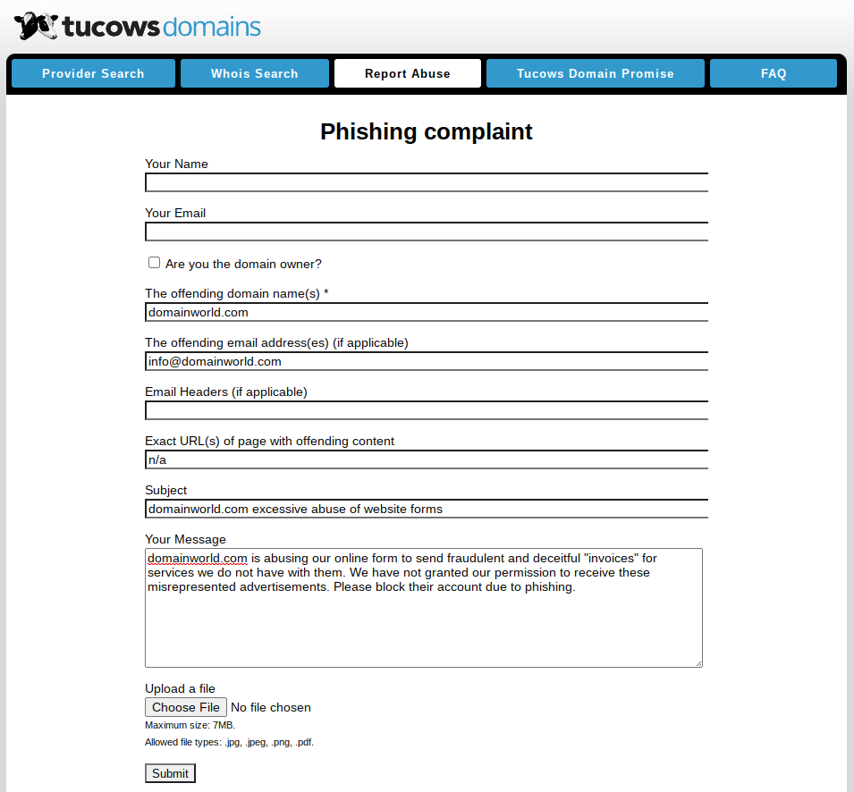 screenprint of TuCows complaint form for phishing